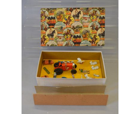 Crescent 2703 Farm Set, includes: orange tractor with black tyres; driver figure; ten farm animals; farm worker with wheelbar