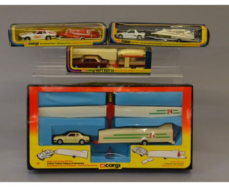 Four Corgi Toys diecast model Gift Sets, 12 Glider and Trailer, 24 Mercedes Benz and Caravan, 37 Fiat X1/9 Carlsberg Power Bo