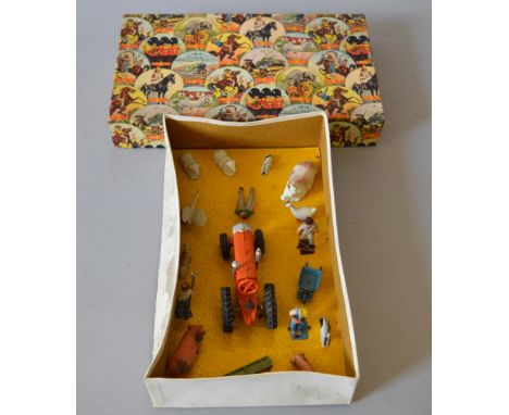 Crescent 2703 Farm Set, includes: orange tractor with black tyres; driver figure; ten farm animals; farm worker with wheelbar