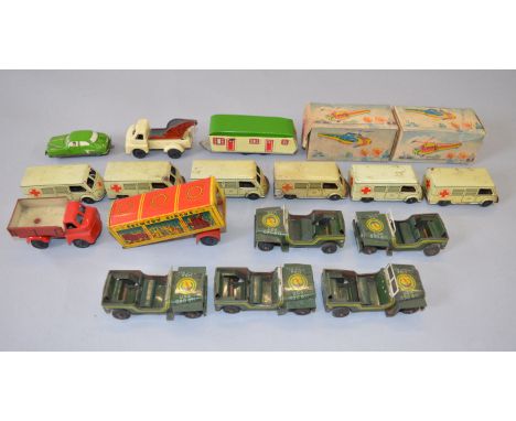 Two vintage boxed Helicopters, of tinplate and plastic construction with friction drive, approximately 10cm long, produced in