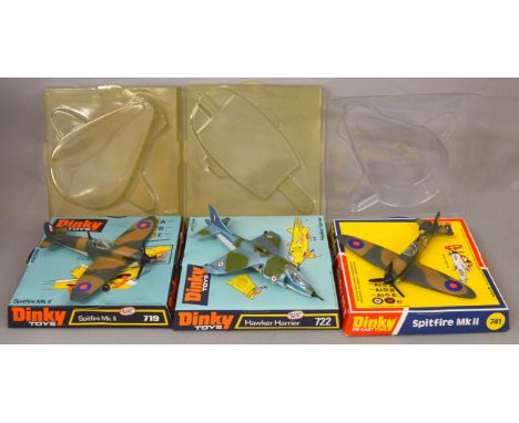 Three boxed Dinky Toys diecast model aircraft, 719 Spitfire Mk II, 722 Hawker Harrier and 741 Spitfire Mk II, overall models 