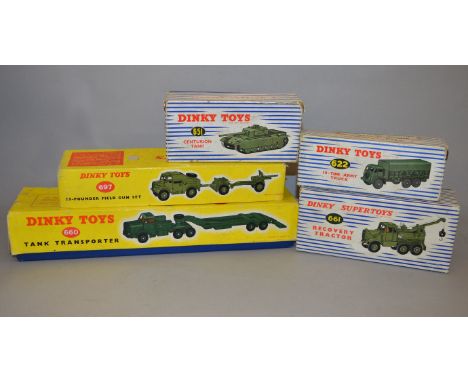 Five boxed Dinky Toys Military Vehicles, 622, 660 Tank Transporter,651 with turret detached,  661 Recovery Tractor and 697 25