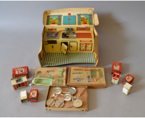 A vintage boxed 'Kiddies Kitchen Set' and a 'Combination Kitchen Set' together with a set of Chad Valley tinplate kitchen sca