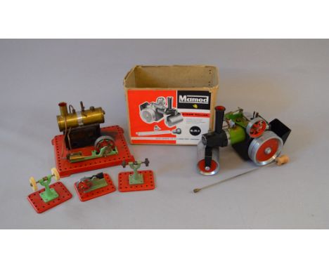 Mamod: SR1 Steam Roller, in box missing lid; static steam engine; power hammer; polishing machine, grinding machine. All unbo