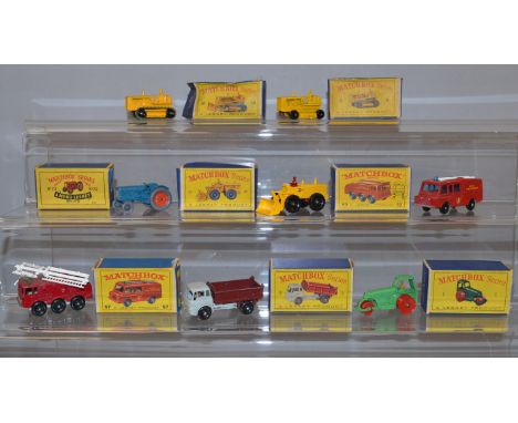 Six boxed Matchbox diecast models from the '1-75' range, including 1 Diesel Roller in 'D type' box, 3b Bedford Tipper,43b Ave