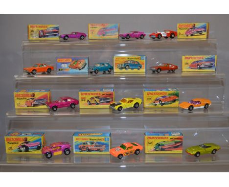 Twelve boxed Matchbox diecast models from the 'Superfast' range, including two #5 Lotus Europa, one in 'New' model box, in tw