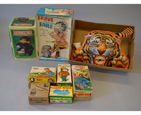 Quantity of tinplate and plastic toys: Wells Brimtoy Tiger Shooting Game, including tinplate tiger with target reading "shoot