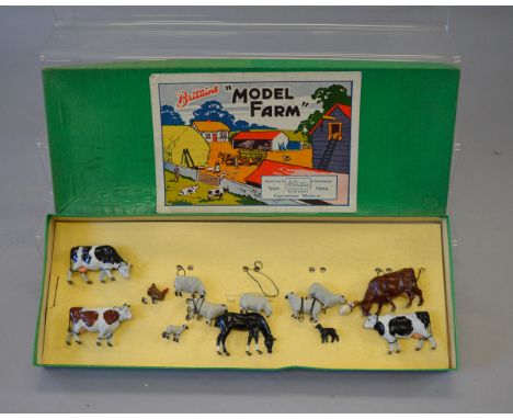 Britains Model Farm No. 120F, comprising of: four cows; seven sheep; two chickens; horse. Most animals tied on to original ba