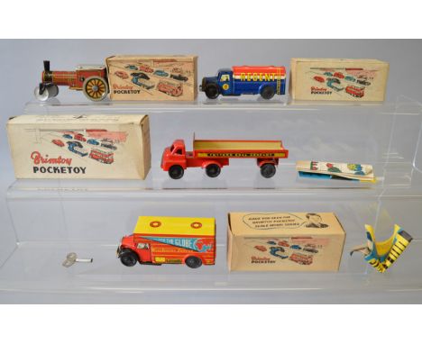 Four Wells Brimtoy Pocketoy tinplate models: No. 506 Regent Petrol Lorry; No. 9/501 Mechanical Steamroller; No. 508 Removal V