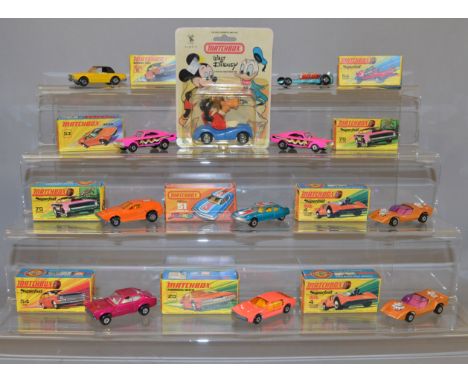 Ten boxed Matchbox diecast models from the 'Superfast' range, including 6 Mercedes 350SL in yellow, 53 Tanzara and two #70 Dr