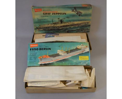 Two boxed Graupner vintage wooden model boat kits in 1:250 scale, 'Esso Berlin' and 'Graf Zeppelin', the latter appearing to 