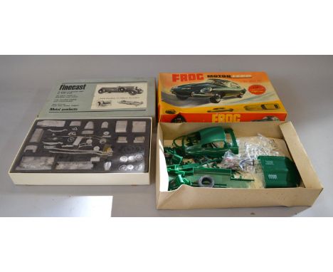 Two model kits: Frog Motorized 1/16 scale E Type Jaguar plastic kit; Finecast 1:24 scale Bentley Le Mans 4.5 Litre metal kit.