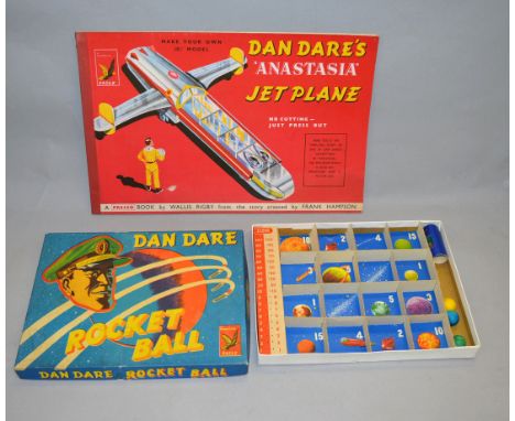 Dan Dare: Glevum Games Rocket Ball, includes rocket projector, three balls and base of box which acts as game board, boxed an