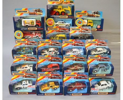 Nineteen boxed Matchbox 'King Size' diecast models including K-142 BMW Police Car and K-158 Ford Sierra XR4i. Models appear G