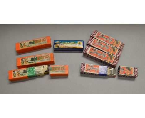 Eight vintage boxed 'Hohner' (Germany) Harmonicas, unused ex shop stock, generally G, including three 'Echo', four 'Sonny Boy