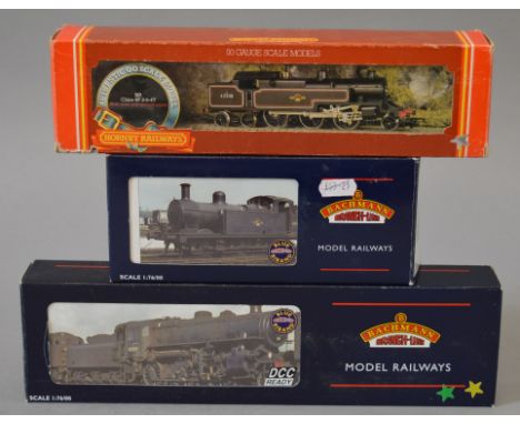 OO gauge, three locomotives: Bachmann 32-228 BR black 0-6-0T 3F Jinty '47266'; Bachmann BR lined black 2-6-0 engine with tend