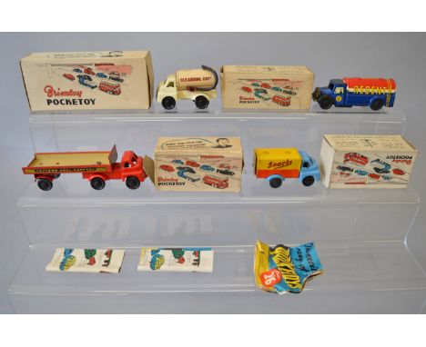 Four Wells Brimtoy Pocketoy tinplate models: No. 536 Snack Bar; No. 506 Regent Petrol Lorry; No. 540 Cleansing Lorry; No. 545