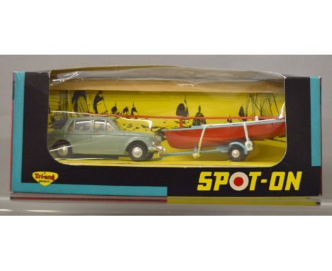 A boxed Tri-ang Spot On diecast model set, 406 Car and Dinghy containing  a  Hillman Minx in green with red, white and blue d