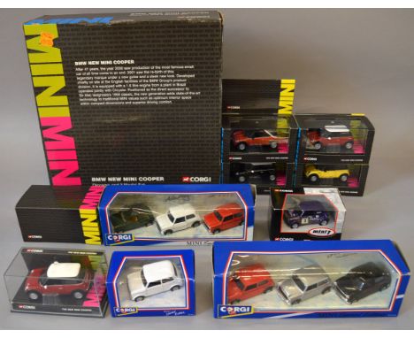 Quantity of Corgi diecast Mini models, includes: CC99121 BMW New Mini Cooper Diorama and 3 Model Set; six New Mini Cooper mod
