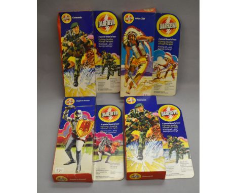 Flair/Model Toys Daredevil action figures: Indian Chief; two Commando; Knight in Armour. E in original packaging in VG boxes.