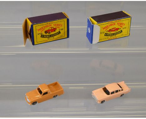 Two Moko Lesney Matchbox diecast models: 50 Commer Pick-up Mk III in tan with metal wheels; 22 Vauxhall Cresta in pink with g