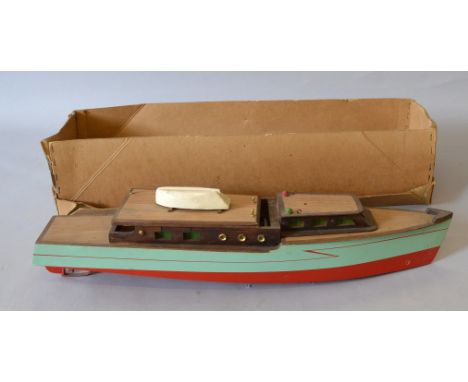 A boxed 'Electric Express Motor Cruiser' made by Crown Products of Ilfracombe, approximately 70cm long and of wooden construc