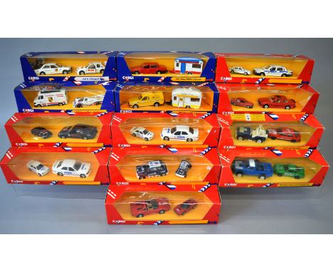Thirteen Corgi diecast model sets including C14 AA Ford Escort Van and Caravan, C67/2 Z Peugeot and a number of 'Little and L