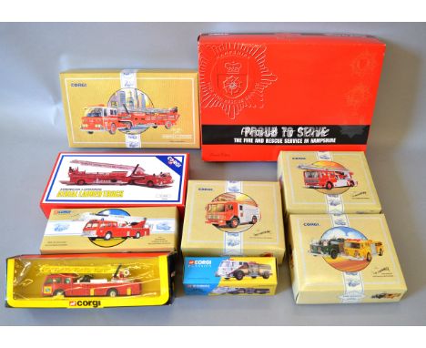 Nine boxed Corgi diecast fire service emergency vehicle models, including C1143/2 Aerial Ladder Truck and CC99152 'The Fire a