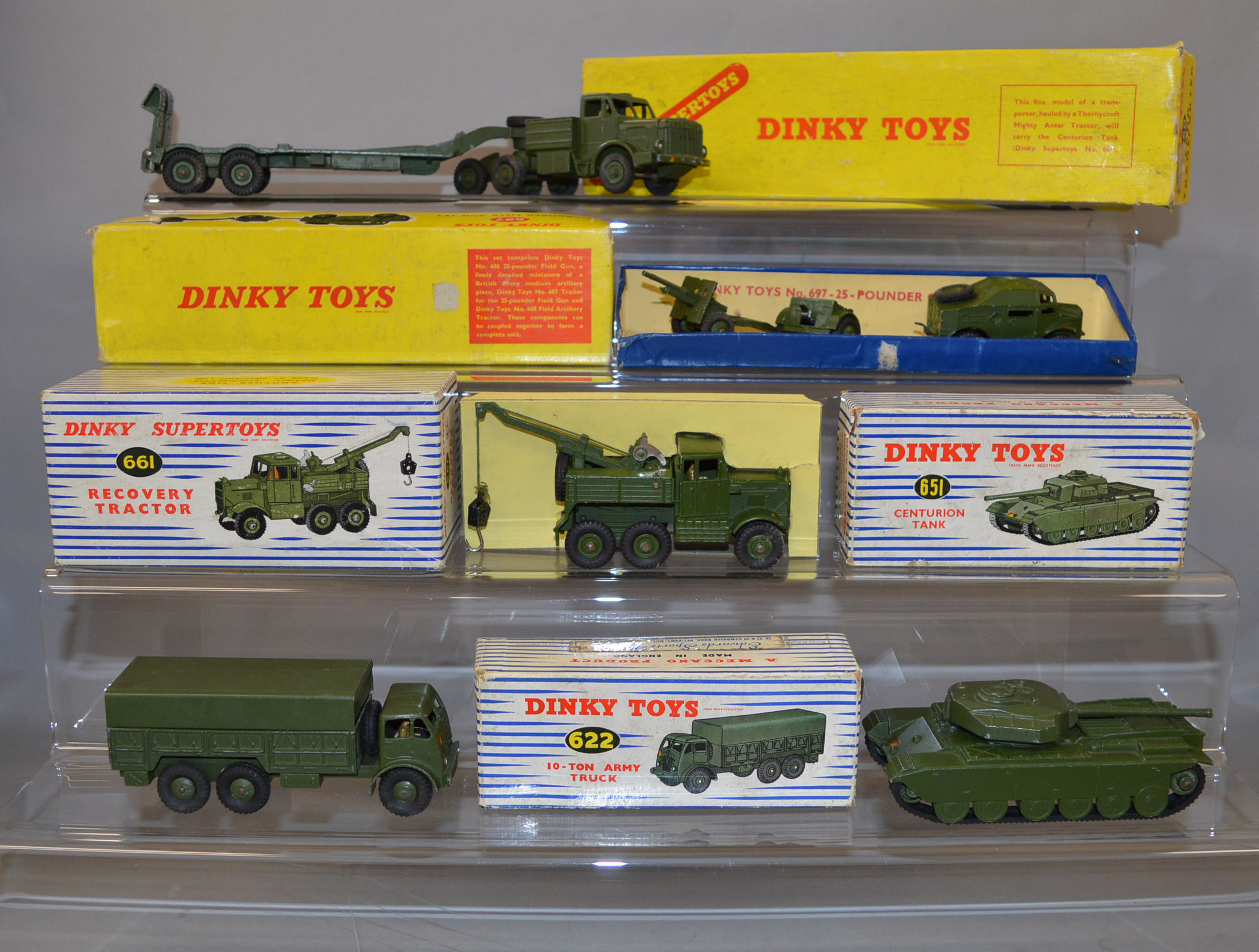 Five boxed Dinky Toys Military Vehicles, 622, 660 Tank Transporter,651