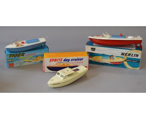 Three boxed Sutcliffe tinplate model Boats, 'Tiger Clockwork Speed Boat', 'Merlin Electric Speed Boat' and 'Sprite Clockwork 