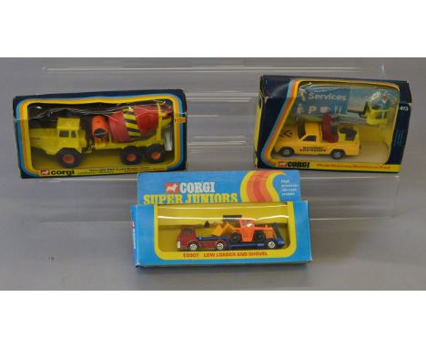 Three boxed Corgi Toys diecast models, 413 Mazda Motorway Maintenance Truck, 1156 Volvo BM with Rapier Mixer and E2007 from t