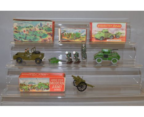 A boxed Lone Star 'Stretcher Bearer Set', VG in G box together with two empty Lone Star 'Modern Army' series boxes, both F an