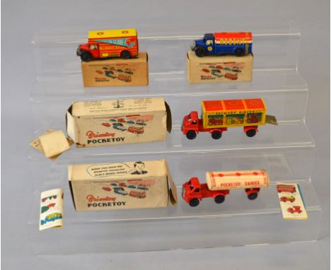 Four Wells Brimtoy Pocketoy tinplate models: No. 543 Circus Lorry; No. 546 Milk Lorry; No. 506 Regent Petrol Lorry; No. 508 R