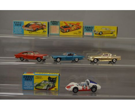 Three boxed Corgi Toys diecast models, 211S Studebaker 'Golden Hawk' in gold, 241 Ghia L.6.4, and 330 Porsche Carrera 6, all 