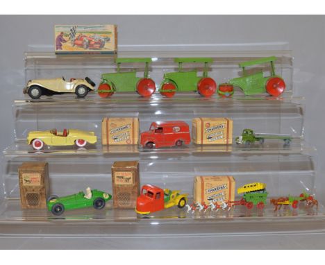 A small group of vintage British unboxed tinplate and diecast models, some with damage and or missing parts including a Lone 