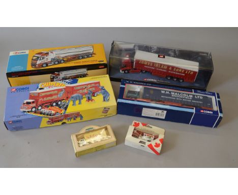 Four boxed 1:50 scale diecast model trucks by Corgi including AN14001 Volvo Tanker, 75806 MAN Curtainside, 75401 Leyland-DAF 