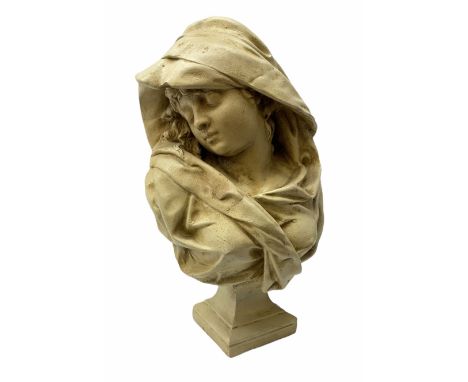 Plaster portrait bust of a lady donning head scarf, raised upon shaped plinth, signed 'Maurach' to reverse, H45cm