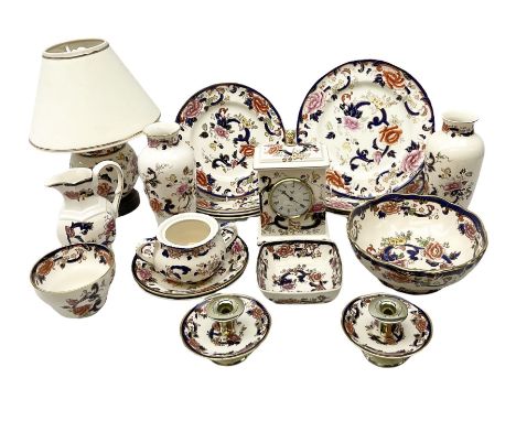 Masons Ironstone Mandalay pattern wares, to include table lamp, pair of candlesticks, clock, pair of vases, footed dish, dinn