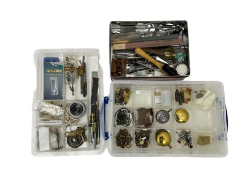 A three tray selection of engineering/clock repair and cleaning tools including punches, callipers, vices, emery sticks, a mi