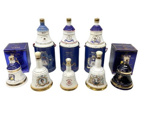 Eight Bell's Old Scotch Whisky royal commemorative ceramic decanters comprising 'Prince of Wales 50th Birthday', 'Princess Be