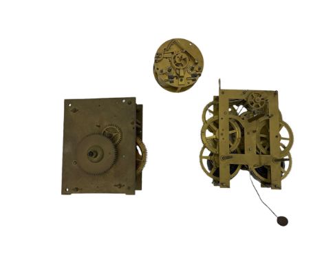 An English 19th century 30 hour longcase movement with a 19th century American spring driven wall clock movement and a French