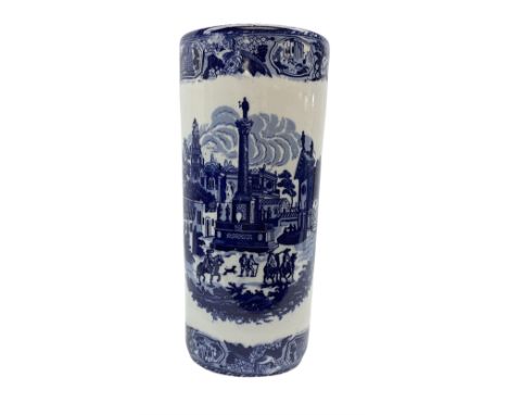 Blue and white stick stand decorated with transfer printed cityscape, H44cm