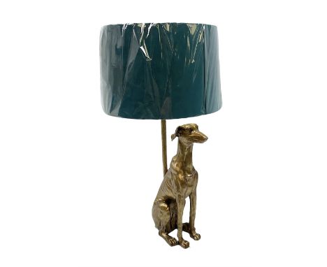 Composite table lamp, modelled as a gilt seated whippet, with teal velvet shade, H71cm