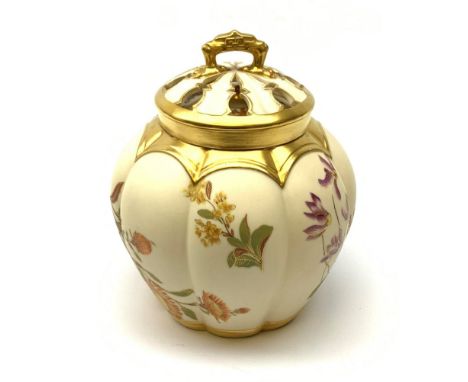 Royal Worcester blush ivory potpourri jar and cover, with inner cover, of lobed ovoid form decorated with flowers and heighte