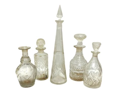 Group of five various 18th/early 19th century cut glass decanters, to include facet cut decoration and double ring necked exa