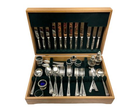 K. Bright Ltd cased canteen of silver plated cutlery, stamped K.B EPNS, in oak case, together with silver plated napkin rings