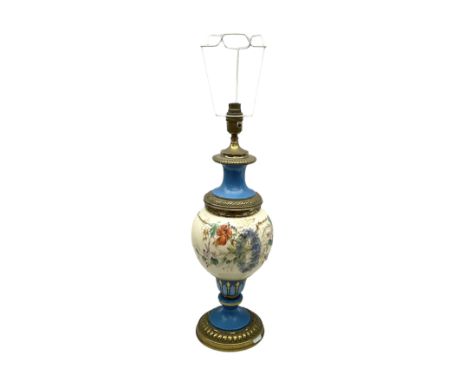 20th century continental, probably French, hand painted ceramic and brass table lamp decorated with flowers and gilt detail u