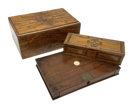 Souvenir olive wood box, the hinged lid with carved cross decoration, together with a Victorian mahogany box with mother of p