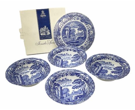 Four Copeland Spode Italian pattern bowls, all with blue marks beneath, together with a boxed Spode cake plate