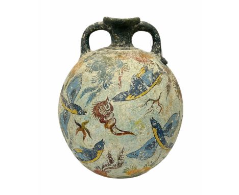 Reproduction Ancient Greek twin handled vase of ovoid form, in the style of Crete Minoan period 1500 B.C, adorned with colour